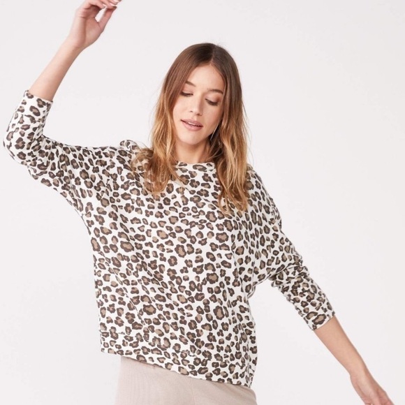 MONROW Leopard Seamed Sweatshirt - Natural Tencel Cotton Size Medium - Picture 2 of 8